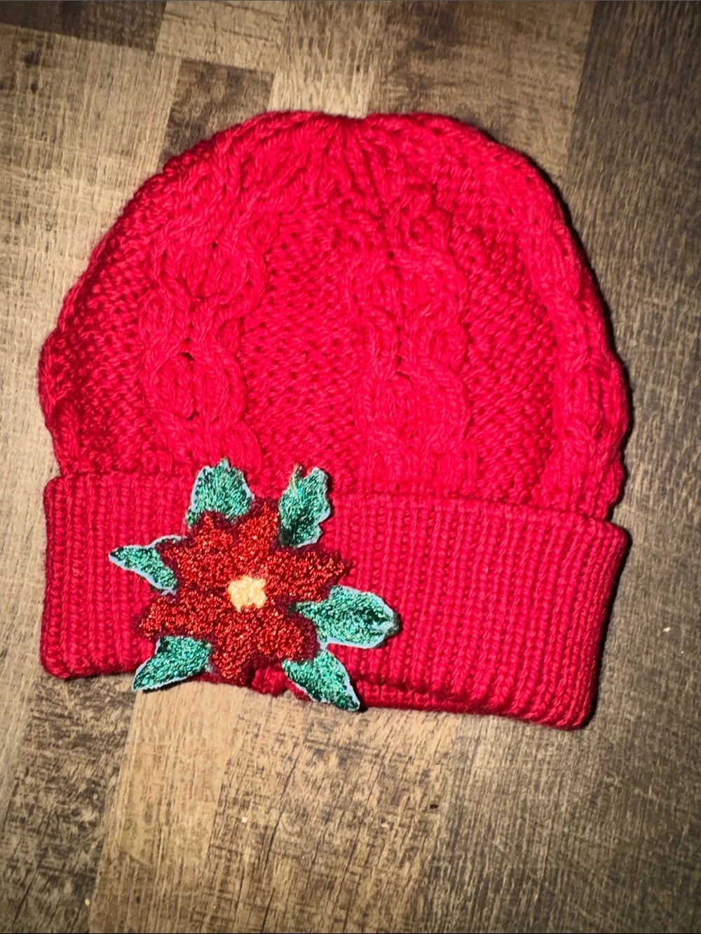 Vintage Irish Kids 100% Merino Wool Christmas Poinsettia Cuffed Beanie Hat Red